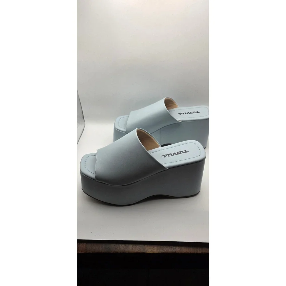 Novus Women Light Blue Platform Wedge Sandals Y2K Chunky Mule Heels Size 6